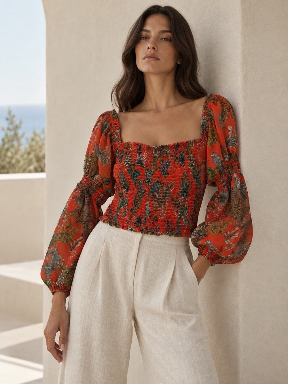 L’AGENCE Blouse M Orange Tropical Parrot Print Smocked Puff Sleeve Boho Top